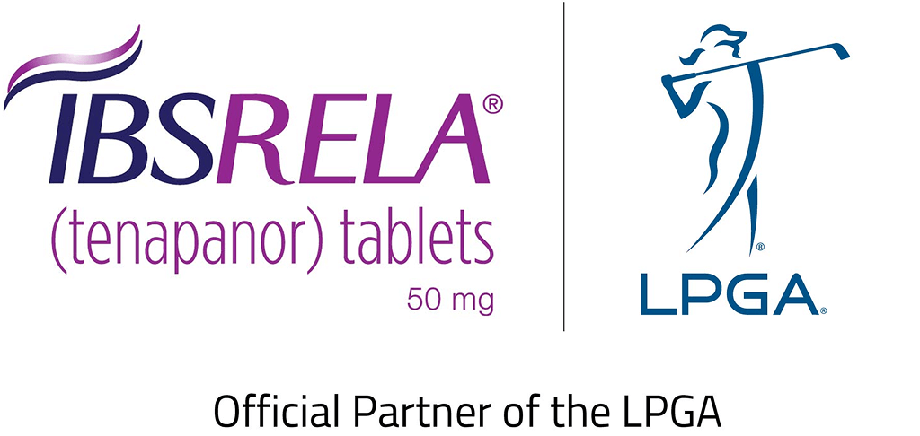 IBSRELA® (tenapanor) 50 mg tablets logo and LPGA Official Partner logo