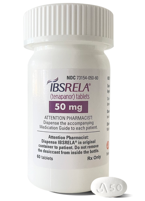 IBSRELA 50 mg prescription bottle and 50 mg tablet